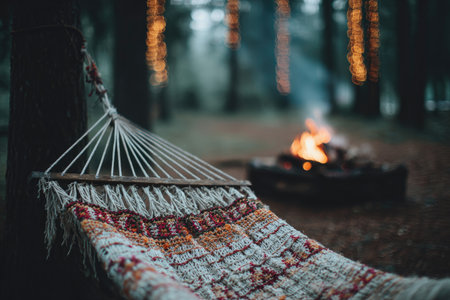 Hammock with a patterned, colorful cover hangs in a forest, next to a campfire.  The image is focused on the hammock and fire, with the trees and surrounding area out of focus.の素材