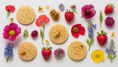 Vibrant display of flowers, strawberries, and honey-dipped crackers arranged artistically on a plain white surface.  The image showcases a variety of colors and textures, creating a visually appealing composition.の素材