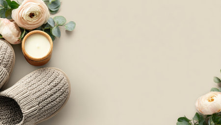 Flat lay arrangement featuring a pair of light beige knitted slippers, a wooden candle holder with a white candle, and a small bouquet of pastel pink flowers and eucalyptus leaves, all placed on a pale beige surface.  The image conveys a sense of calm and relaxation.の素材