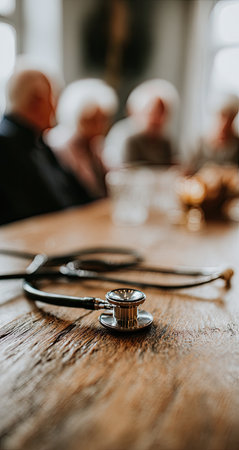 Close-up view of a stethoscope placed on a wooden table.  The background shows a group of people out of focus. The image is well-lit and showcases the details of the stethoscope and the wood grain.の素材
