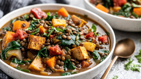 Of a thick, richly colored vegetarian or vegan lentil stew containing visible cubes of orange sweet potato, pieces of tomato, and dark green wilted spinach or similar leafy greens, presented in a textured white ceramic bowl. A bronze or copper-toned spoon rests beside the main bowl, with a second blurred bowl visible in the background, all set upon a light gray, slightly textured surface.の素材