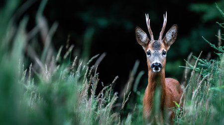 Portrait of a young roe deer buck, recognizable by its small, developing antlers covered in velvet, peering directly at the viewer from within a dense, slightly blurred environment of tall green and straw-colored grasses set against a very dark, shadowy background suggesting a dense forest edge.の素材