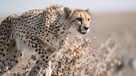 , side-profile view of a wild cheetah walking low to the ground, partially obscured by dry, light-colored brush, with its eyes intently focused forward against a softly blurred, pale background suggesting an open, dry landscape.の素材