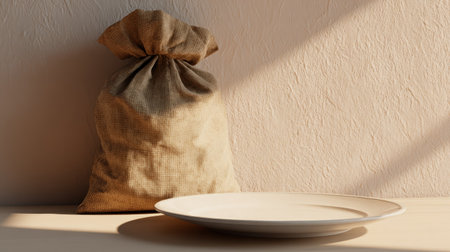 Still life composition featuring a tightly tied burlap sack positioned on the left side of a light wooden surface, standing against a textured, pale wall. A shallow, empty white or light-colored plate rests in the foreground, partially illuminated by a sharp diagonal shaft of sunlight casting distinct shadows across the scene.の素材