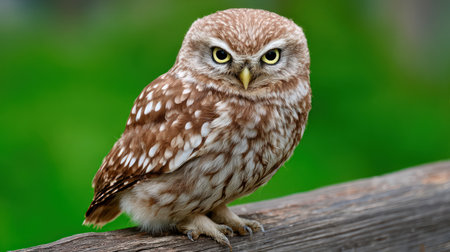 Small owl, likely a little owl, with distinctive brown and white speckled plumage and bright yellow eyes is positioned centrally on a rough, weathered piece of wood. The background is a soft, out-of-focus expanse of bright green, highlighting the sharp detail of the bird.の素材