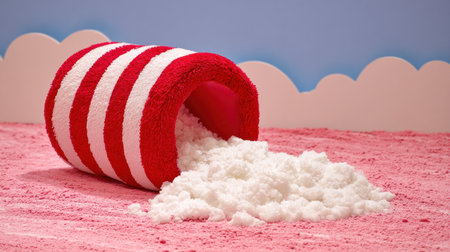 Low-angle,  photograph featuring a soft, cylindrical object with alternating red and white horizontal stripes lying on its side on a bright pink, textured surface. A pile of white, fluffy material is spilling out of the open end of the cylinder. The background consists of a light blue sky above white, stylized cloud shapes.の素材