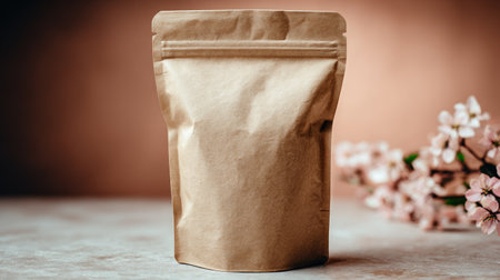 Vertically oriented, blank, resealable brown kraft paper stand-up pouch is centered in the frame, set upon a light textured surface. To the right, a soft focus branch with delicate light pink and white blossoms adds a natural, seasonal element, contrasting with the muted, warm brown background.の素材