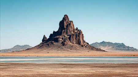 Striking, tall, jagged rock spire dominates the center of a wide, flat desert expanse, with a shallow body of water or dried lakebed reflecting the bright blue sky in the foreground, and smaller, hazy mountains visible in the distance on either side.の素材