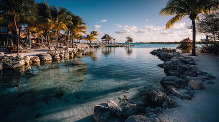 Sunlit view across a calm body of clear, turquoise water at a tropical destination, showing a sandy beach area lined with large grey rocks and several tall palm trees casting shadows. In the background, resort buildings and a covered gazebo structure are visible near the water's edge under a bright blue sky dotted with white clouds.の素材