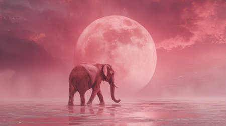 Single elephant walks slowly through a shallow body of water, set against a dramatic, heavily tinted pink or crimson background featuring a very large, prominent moon and scattered clouds, creating an atmospheric and surreal fantasy landscape.の素材