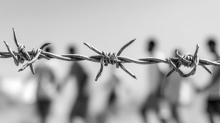 , high-contrast black and white photograph focusing sharply on a section of twisted barbed wire fence in the foreground, with several human figures standing or walking indistinctly in the softly blurred background, suggesting themes of restriction, separation, or struggle for freedom.の素材