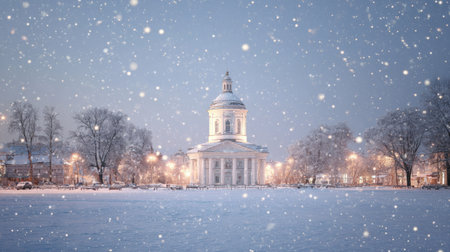 Wide outdoor view captures a stately, white, domed classical building centered in the frame during a heavy snowfall at twilight or night. The foreground is covered in undisturbed snow, and the trees flanking the structure are heavily frosted, creating a serene and cold winter scene illuminated by warm streetlights.の素材