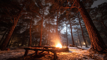 Dramatic, low-angle perspective captures a roaring campfire situated next to a weathered wooden picnic table in a dense forest setting under a dark night sky. The fire casts a strong orange glow on the immediate surroundings, illuminating some light snow or frost covering the ground between the tall, dark trunks of numerous pine trees.の素材