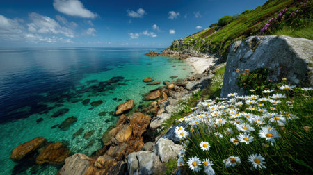 A beautiful coastal scene with clear blue water, rocky shores, and blooming flowers.の素材