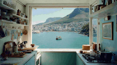 A charming kitchen with a stunning view of a city, ocean, and mountain.の素材