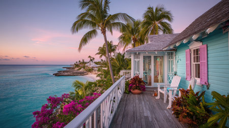 A tropical bungalow on the coast with a balcony overlooking the ocean at sunset.の素材