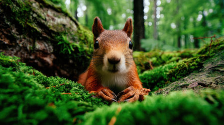 Low-angle, intimate photograph focusing on the face of a small, reddish-brown squirrel peering directly forward from behind a thick layer of brilliant green moss, situated near the base of a tree trunk in a softly lit woodland environment.の素材
