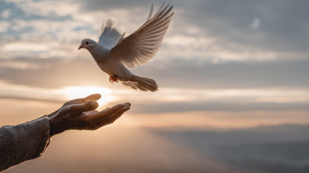 View captures a pure white dove ascending immediately after being released from a pair of cupped, slightly weathered hands, set against a blurred background of a soft, dramatic sky transitioning during sunrise or sunset, emphasizing themes of spiritual release, hope, and tranquility.の素材