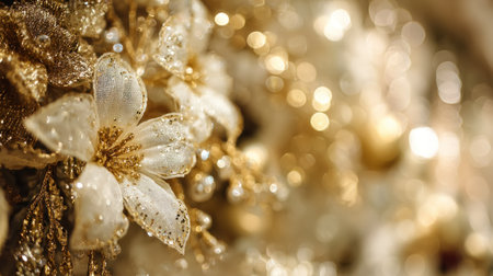Very  photograph showcasing delicate, white, sheer fabric flowers heavily dusted or accented with gold glitter and texture. The flowers are situated against a brightly lit, out-of-focus background dominated by warm, golden-toned circular bokeh lights, creating a luxurious and festive atmosphere suitable for celebrations or seasonal decor.の素材