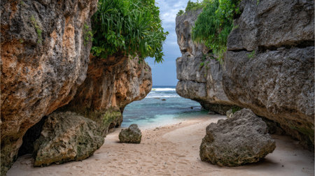 Two massive, weathered rock formations create a natural entryway leading to a small, sandy beach area where the turquoise ocean water meets the shore under an overcast sky, with dense green vegetation growing atop the cliffs.の素材