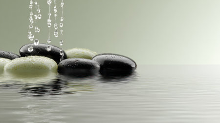 Composition featuring several smooth, rounded stones, alternating between dark and pale colors, partially submerged in still water that exhibits gentle ripples, as multiple clear water droplets descend from above onto the stones, creating a sense of tranquility and natural balance.の素材