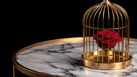 Richly colored, deep red rose is carefully placed inside a slender, antique-style golden wire cage, which sits on a round table featuring a white and gray veined marble top with a gold rim. The background is solid black, creating a dramatic contrast that highlights the flower and the metallic structure under focused, warm lighting.の素材