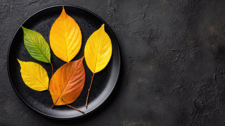 Five deciduous leaves displaying a spectrum of seasonal transition, ranging from bright green to deep orange and yellow, are arranged artfully on a round, matte black plate. The plate occupies the left side of the frame, leaving substantial dark, richly textured negative space on the right, suitable for text placement.の素材