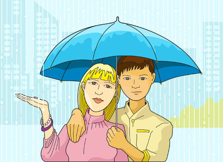 Illustration of young couple sharing in one umbrellaのイラスト素材