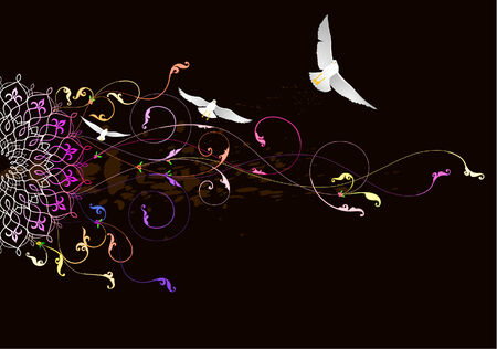 Illustration of stylish floral design in black background with birdsのイラスト素材