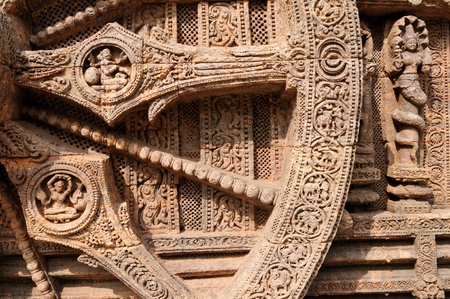Stone wheel in the ancient Sun Temple at Konark, Orissa, India. 13th Century ADのeditorial素材