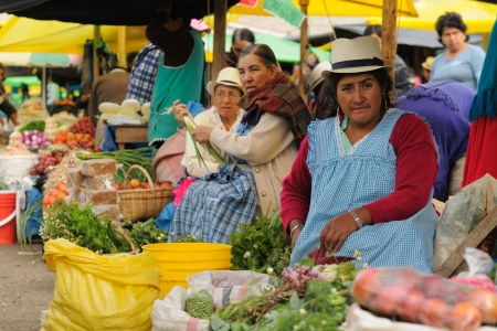 Ecuador, Gualaceo - August 22  Ecuadorian ethnic women in national clothes selling agricultural products and other food items on a market in the Gualaceo village on August 22, 2012 in Gualaceoのeditorial素材