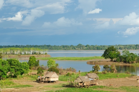 Peru, Peruvian Amazonas landscape. The photo present typical indian tribes settlement in the Amazonのeditorial素材
