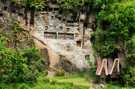 Indonesia, Tana Toraja - Londa, is a very extensive burial cave at the base of a massive cliff face The entrance to the cave is guarded by a balcony of tau tau  Inside the cave is a colection of coffins with the bones either scattered or heaped in piles  のeditorial素材