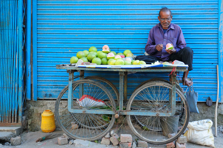 Rishikesh, India - November 06, 2009  The street seller is peeling fruits sitting on the cart - stall in November 06, 2009 in Rishikesh, Indiaのeditorial素材