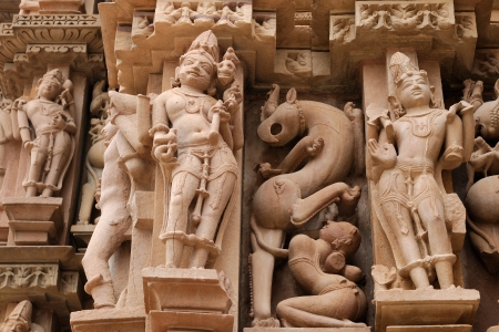 Sculptures religious sybmboli of the Indian faith on walls of temples in Khujaraho temples  Madhya Pradesh, India のeditorial素材