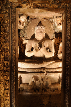 Buddhist temples forged in rocks in the Ajanta town in India, Maharashtra, India   のeditorial素材