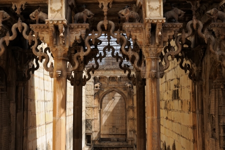 India, detail of the decorated entrance gate to the ancient well in the Bundi city in Rajasthanのeditorial素材
