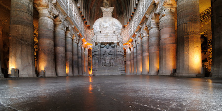 Buddhist temples bored in rocks in the Ellora town in India, Maharashtra, India  