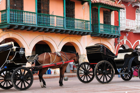 Droshkies on the main square of the old town in Cartagenieのeditorial素材