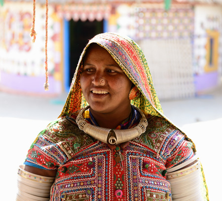 BHUJ, RAN OF KUTCH, INDIA - JANUARY 13: Portrait of a Lambada woman with her traditional jewelery in Gujarat, Ran of Kutch in January 13, 2015のeditorial素材