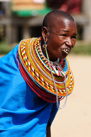 MARALAL, KENYA - JULY 03: African woman from the Samburu tribe on the market in the Mararal town in Kenya, Maralal in July 03, 2013のeditorial素材