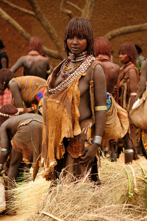 TURMI, OMO VALLEY, ETHIOPIA - JULY 29: Portrait of the woman from Hamer people on the local marketplace in Turmi, Omo valley in July 29, 2013のeditorial素材