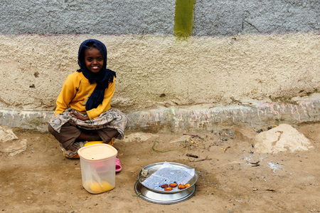 HARAR, ETHIOPIA - SEPTEMBER 08: The young girl from Ethiopia is selling personally fried snacks in the street in the Harar city in Ethiopia, Harar in September 08, 2013のeditorial素材