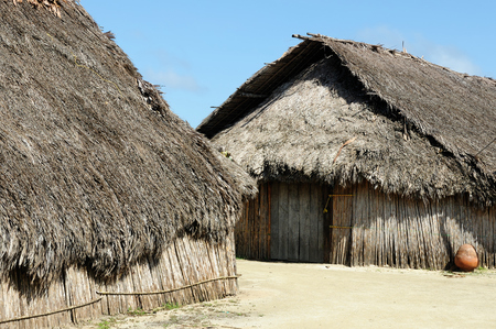 Central America, Panama, Traditional house kuna indians with the roof thatched on a Caledonia island on the San Blas archipelagoのeditorial素材