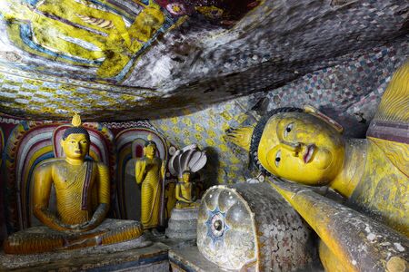 Inside of caves in ancient Buddhist complex in Dambulla cave temple. Sri Lanka. The photograph is presenting the statue of Buddhaのeditorial素材