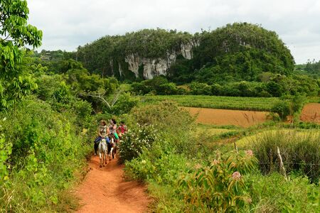 VALLEY DE VINALES, PINAR DEL RIO, CUBA - OCTOBER 28: Tourists on the horse sightseeing tour in the valley of Vinales on Cuba, Valley de Vinales in October 28, 2016のeditorial素材