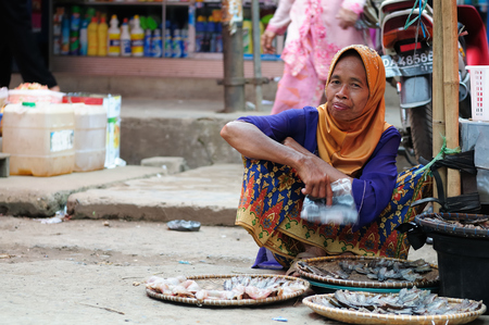 MARTAPURA, BORNEO, INDONESIA - 20 JULY 2011: Photo from traditional exotic tribal market (pasar) in Indonesia on the Kalimantan island, Woman selling dried fishのeditorial素材
