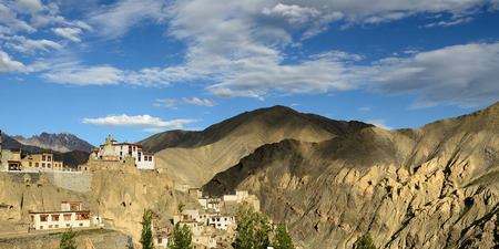 View on the beautifully situated Buddhist monastery in the Lamayuru village in the background can see the mountains Ladakh is admiring the beautiful Karakorum panorama. Local are naming this rock formation withのeditorial素材
