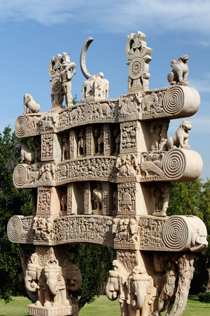 Great Buddhist Stupa in Sanchi, Madhya Pradesh, India. Detail of the gateのeditorial素材
