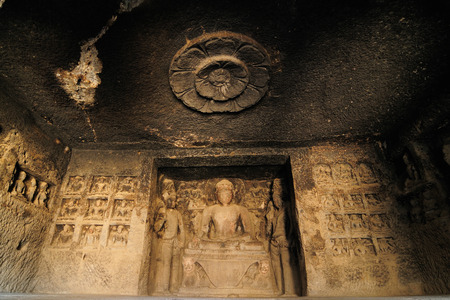 Buddhist temples bored in rocks in the Ellora town in India, Maharashtra, Indiaのeditorial素材